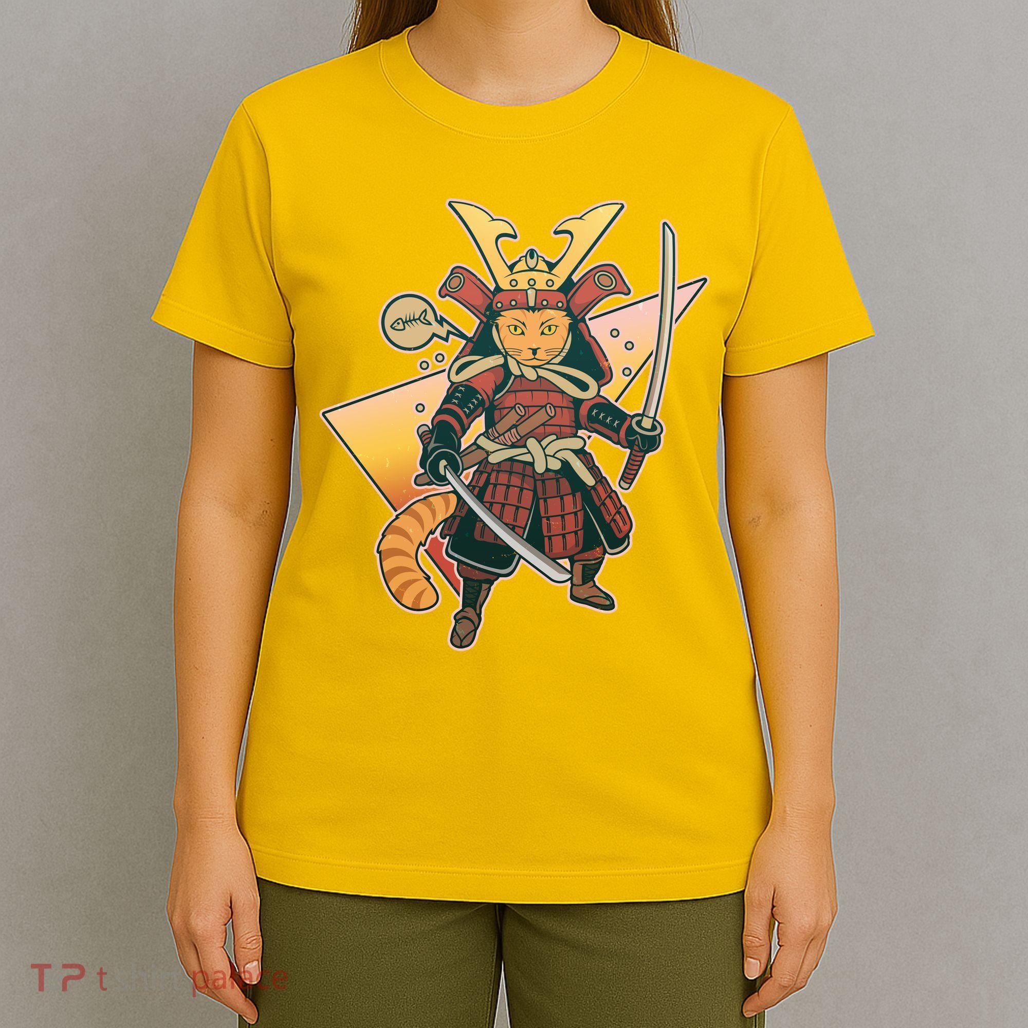 Cool Vintage Japanese Neko Cat Samurai Warrior T-Shirt