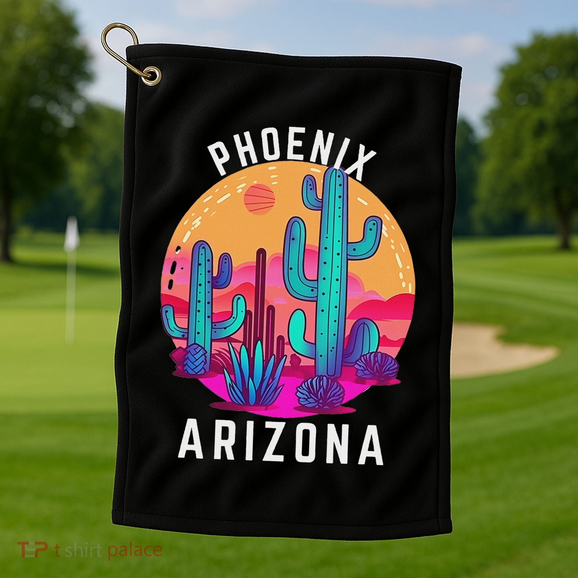 City Of Phoenix Arizona Tourist Cactus Desert Fun Sunset Golf Towel