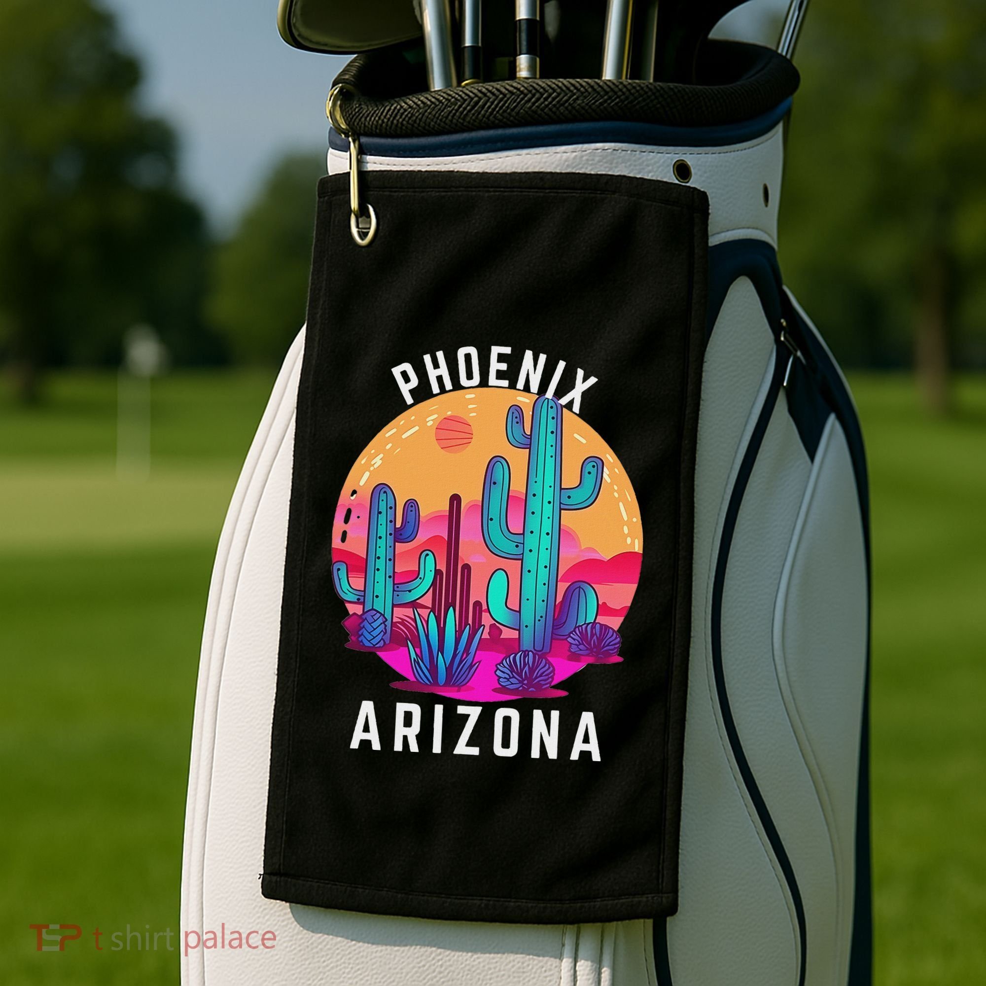 City Of Phoenix Arizona Tourist Cactus Desert Fun Sunset Golf Towel