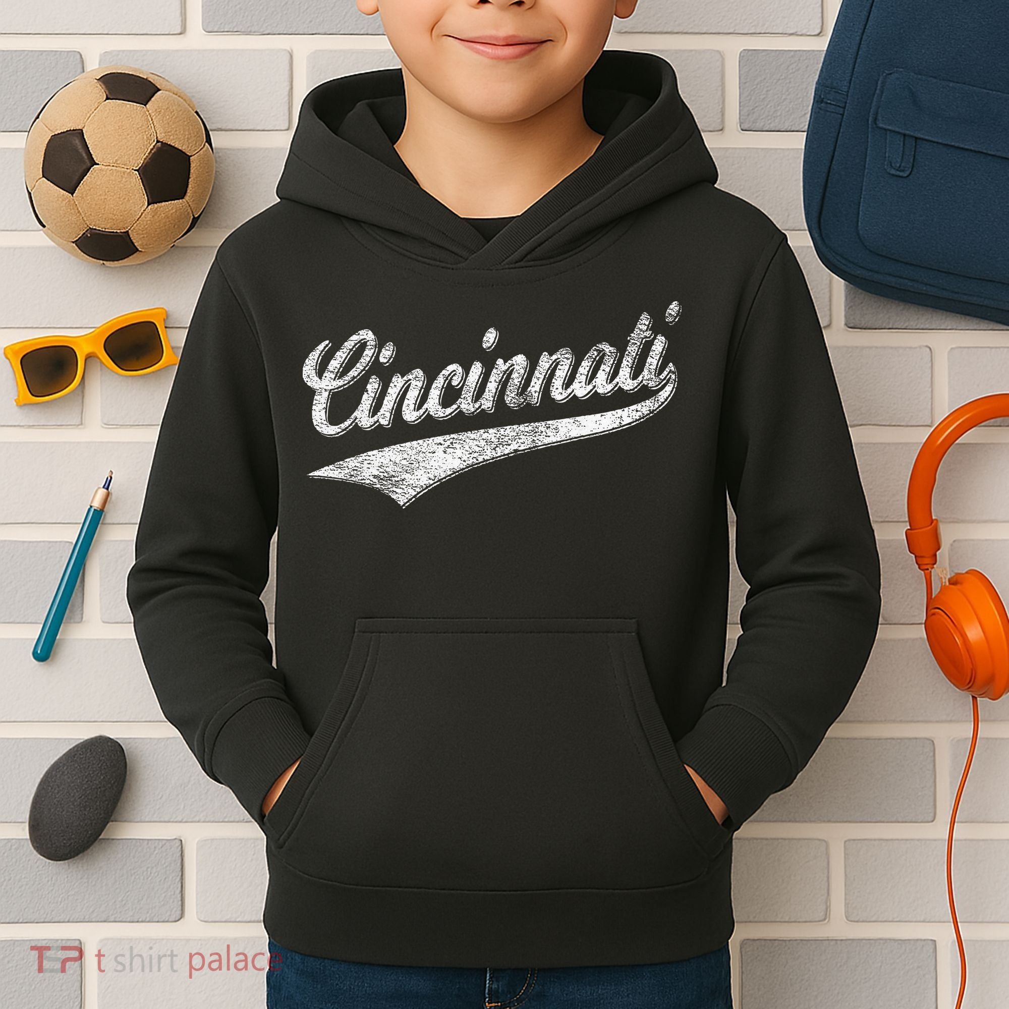 Cincinnati Ohio Retro Script Sports Jersey Flag Kids Hoodie