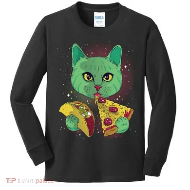 Cosmic Pizza Taco Space Cat Kids Long Sleeve Shirt