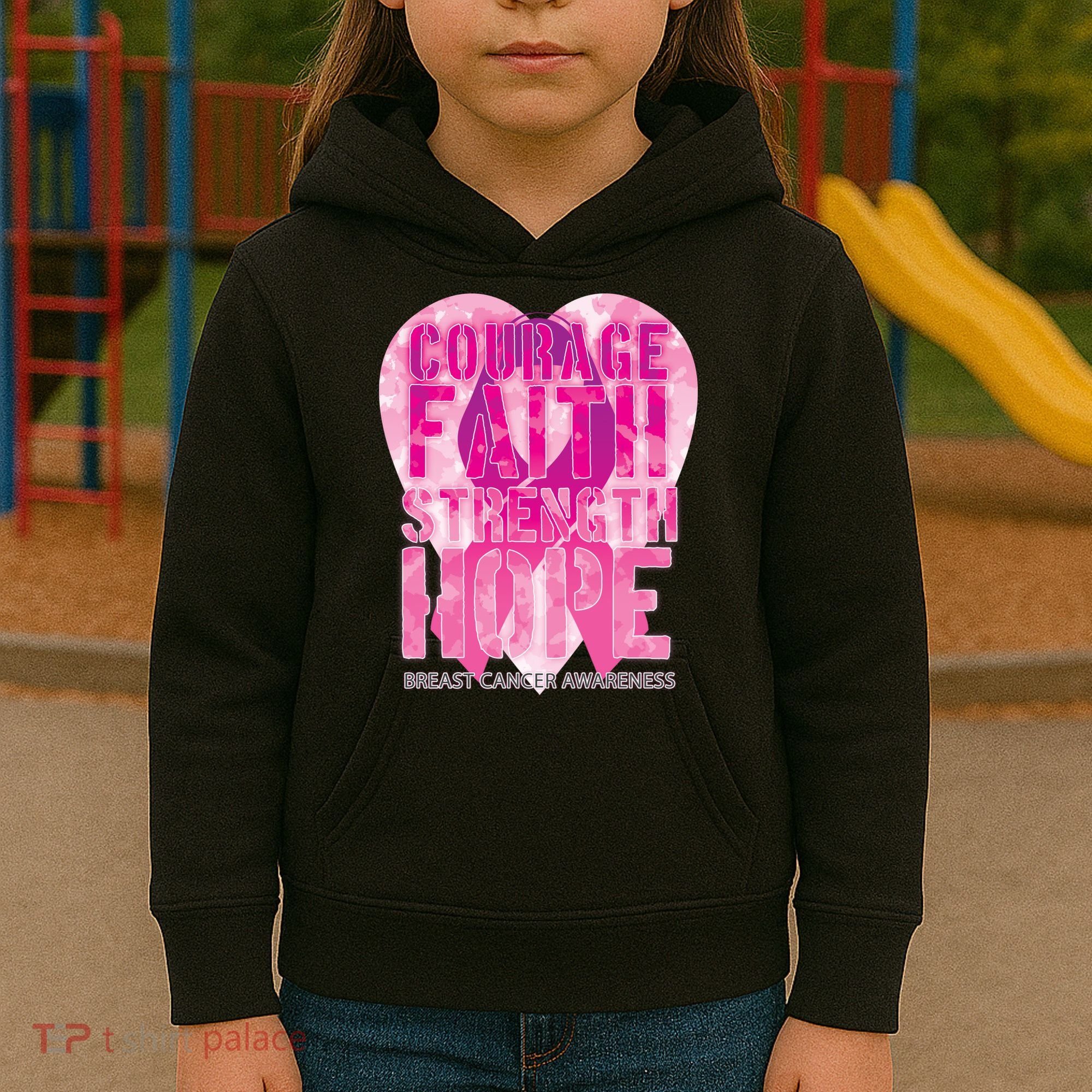 Courage Faith Strength Hope Breast Cancer Awareness Kids Hoodie