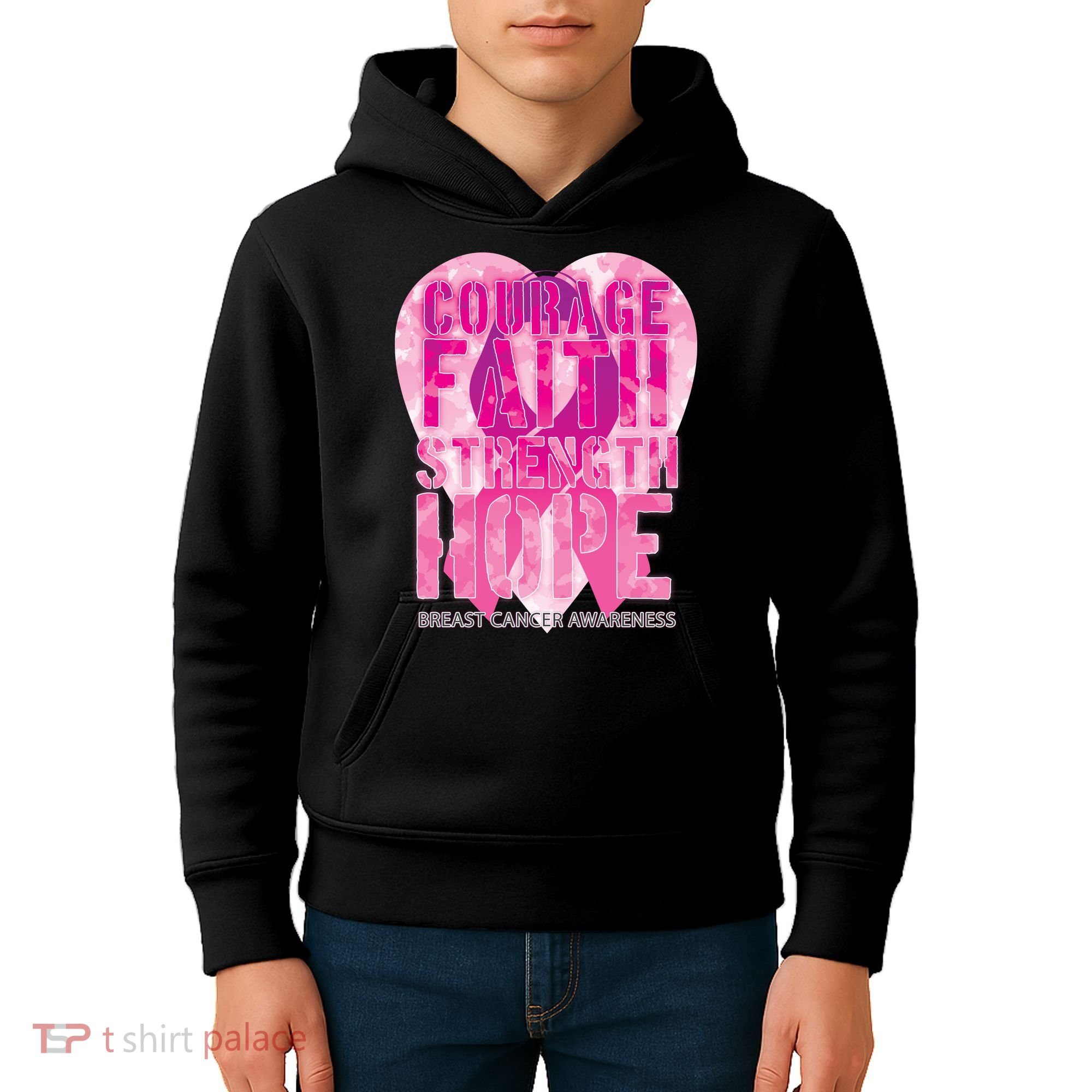 Courage Faith Strength Hope Breast Cancer Awareness Kids Hoodie