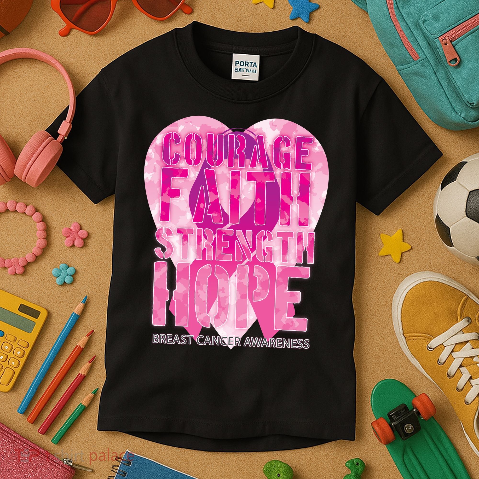 Courage Faith Strength Hope Breast Cancer Awareness Kids T-Shirt