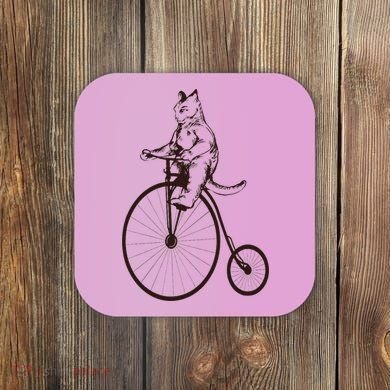 Cat On Vintage Bicycle Funny Gift Coaster