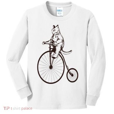 Cat On Vintage Bicycle Funny Gift Kids Long Sleeve Shirt