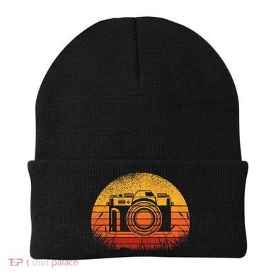 Camera Photographer 70s Retro Vintage Sunset Camera Beanie