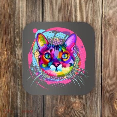 Colorful Painted Abstract Cat Face Coaster