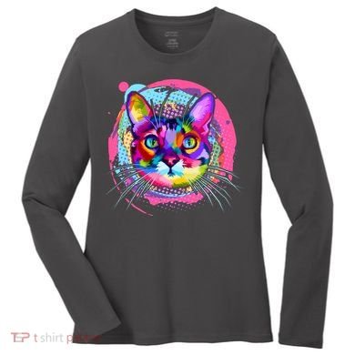 Colorful Painted Abstract Cat Face Women's Long Sleeve Shirt