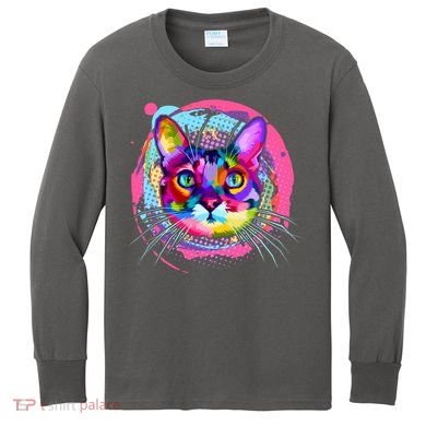 Colorful Painted Abstract Cat Face Kids Long Sleeve Shirt