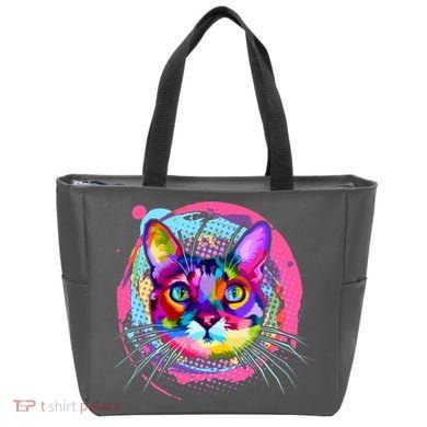 Colorful Painted Abstract Cat Face Tote Bag