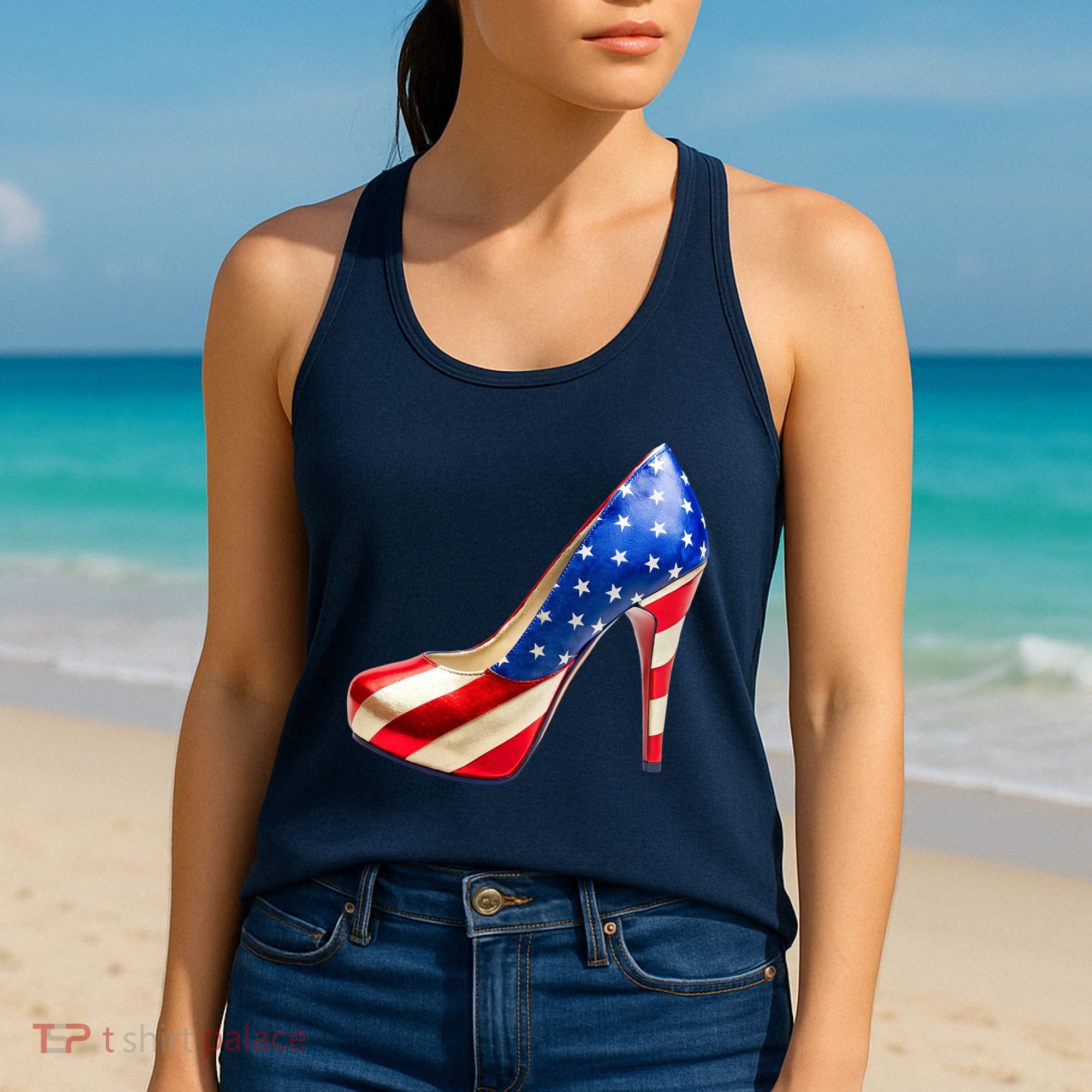 Cute Patriotic American Usa Flag Heels Shoes Women's Tank Top