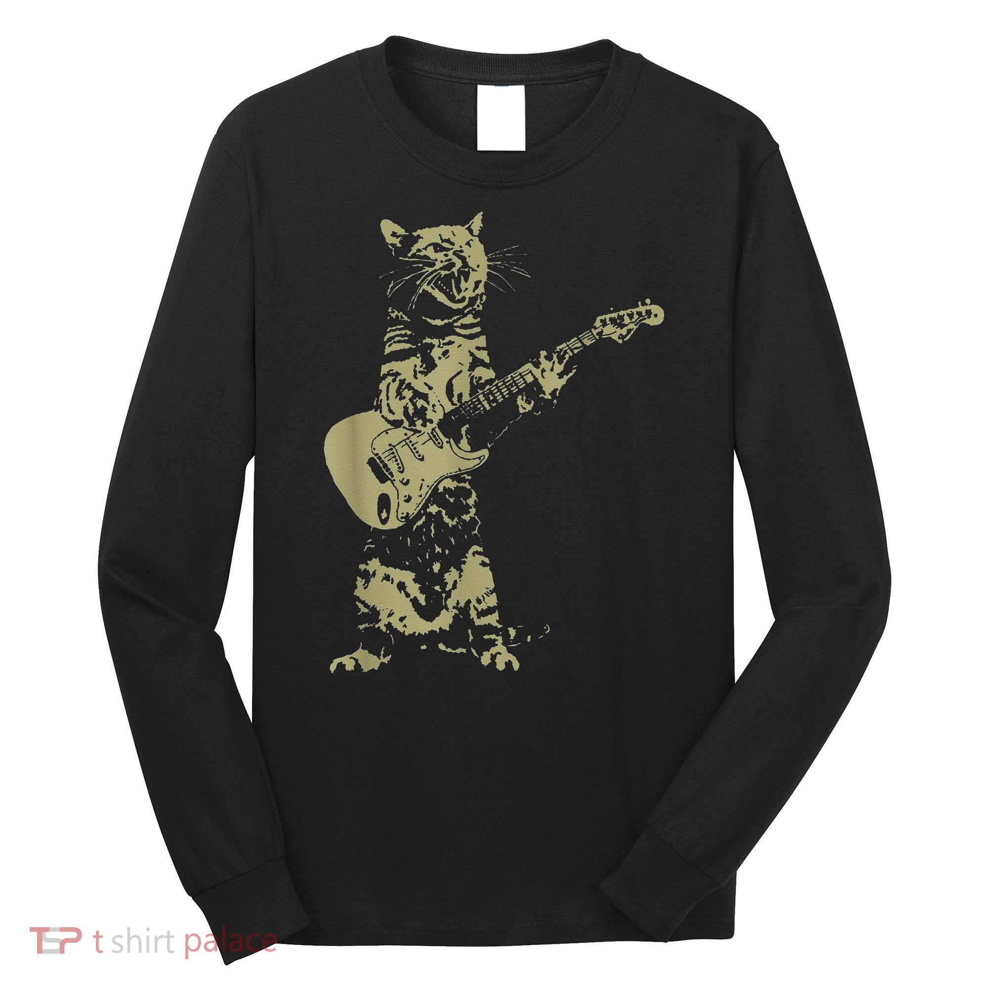 Cat Playing Acoustic Guitar Cool Musician Guitarist Long Sleeve Shirt