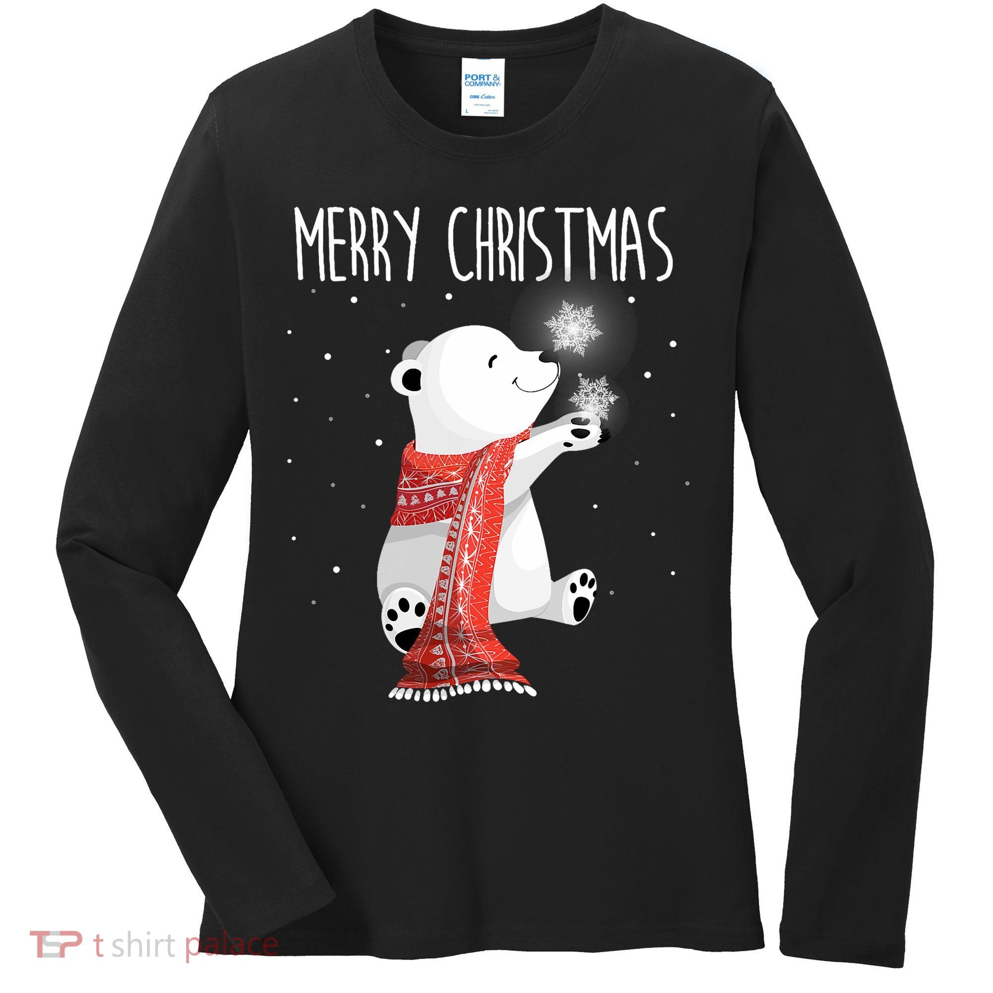 Cute Polar Bear Scarf Merry Christmas Xmas Holidays Gift Women's Long Sleeve Shirt