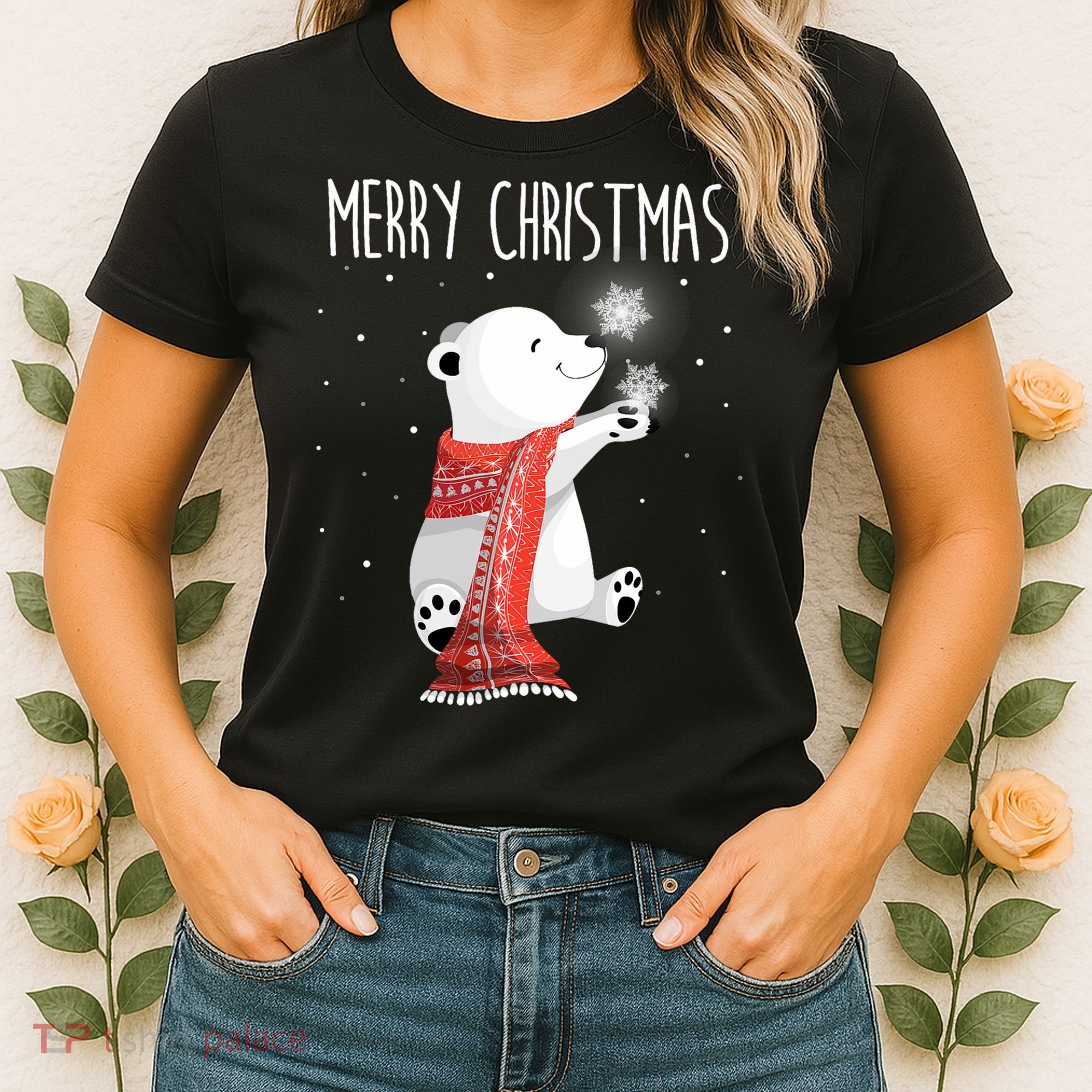 Cute Polar Bear Scarf Merry Christmas Xmas Holidays Gift Women's T-Shirt
