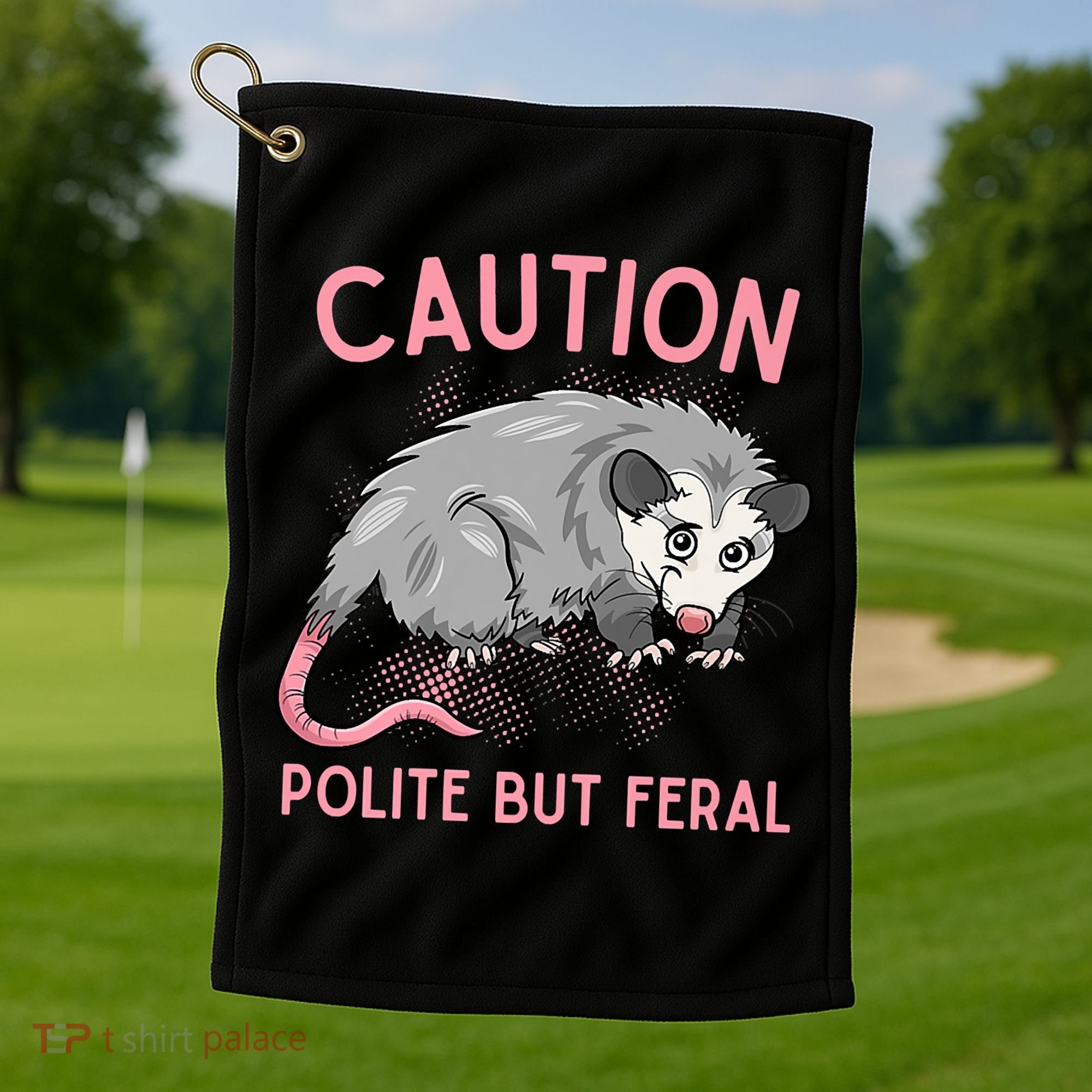 CAUTION POLITE BUT FERAL Funny Opossum Golf Towel