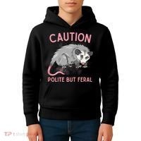CAUTION POLITE BUT FERAL Funny Opossum Kids Hoodie thumb 4