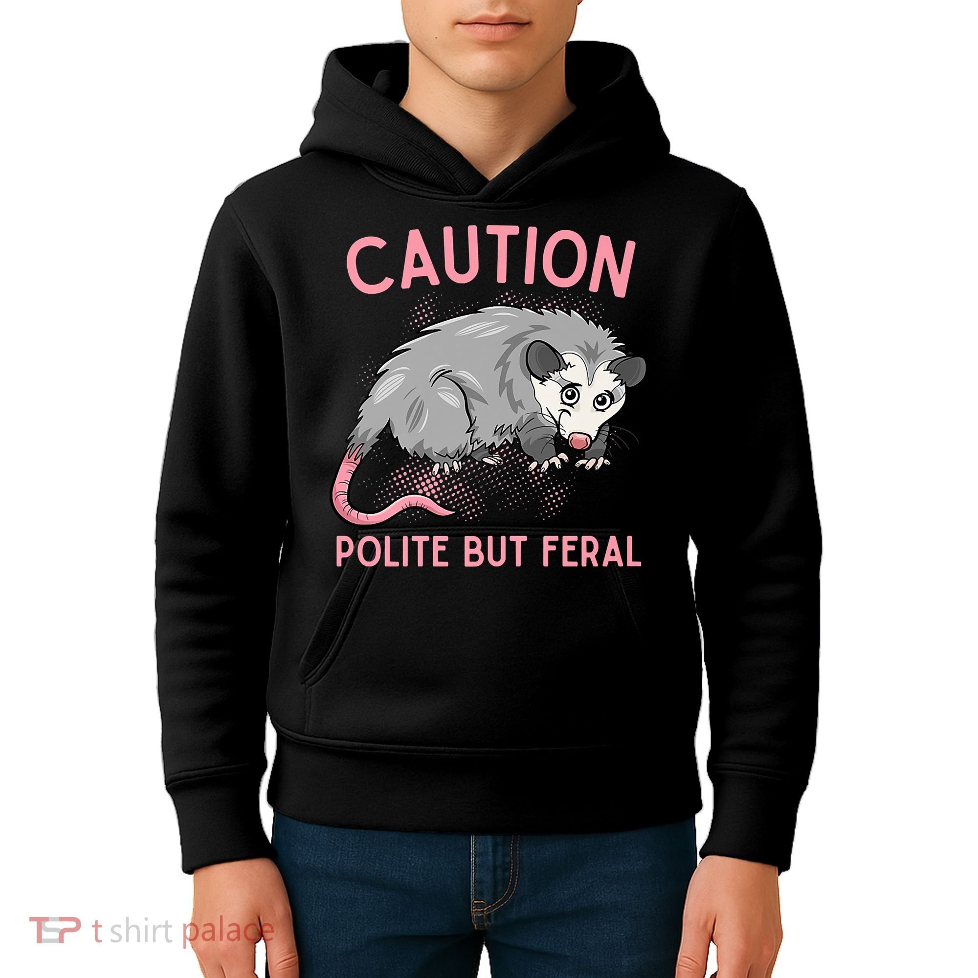 CAUTION POLITE BUT FERAL Funny Opossum Kids Hoodie