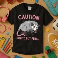 CAUTION POLITE BUT FERAL Funny Opossum Kids T-Shirt thumb 3