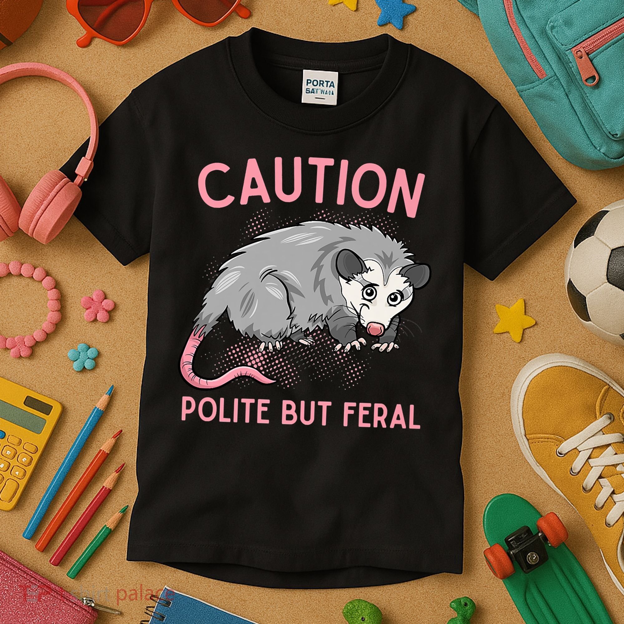 CAUTION POLITE BUT FERAL Funny Opossum Kids T-Shirt