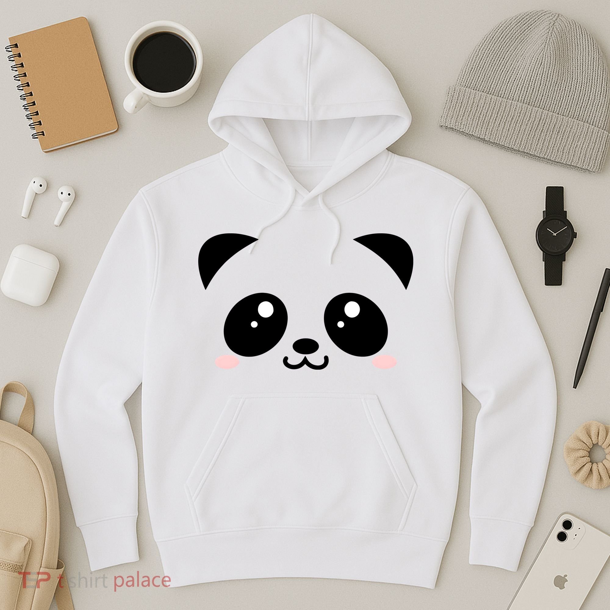Cute Panda Bear Black & White Kawaii Cartoon Animal Face Hoodie