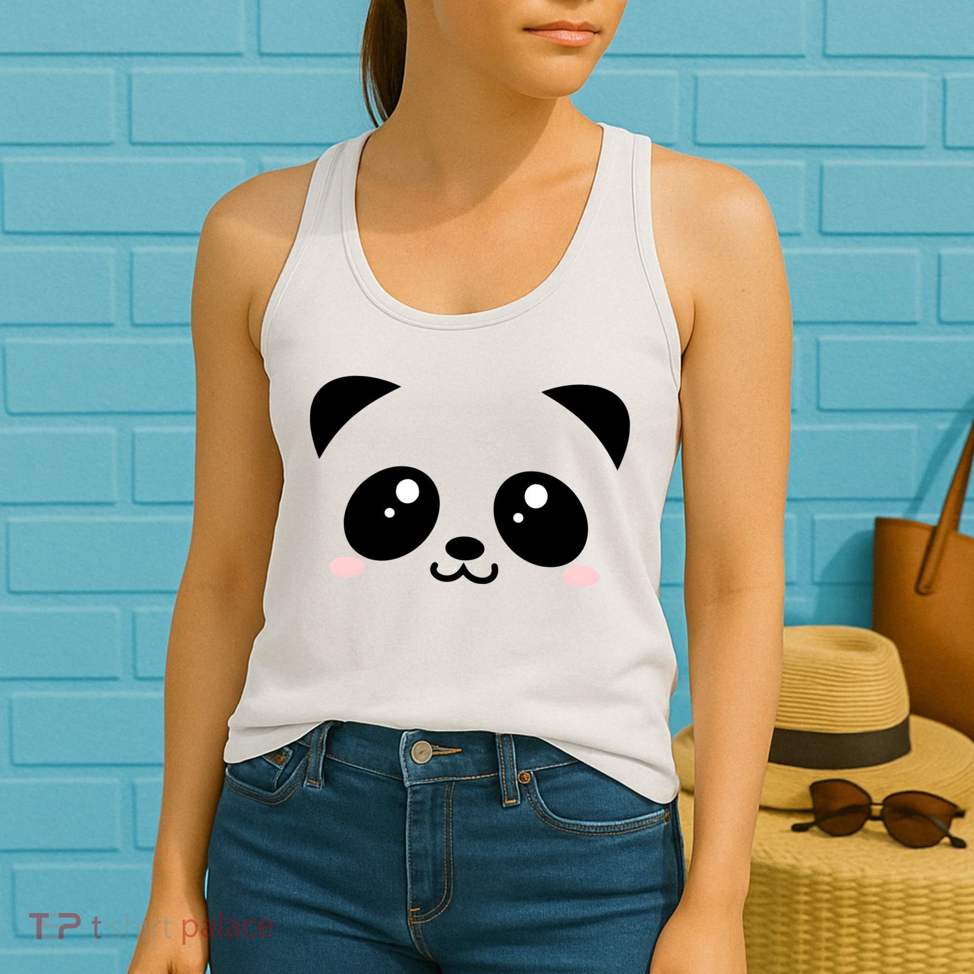 Cute Panda Bear Black & White Kawaii Cartoon Animal Face Women's Tank Top
