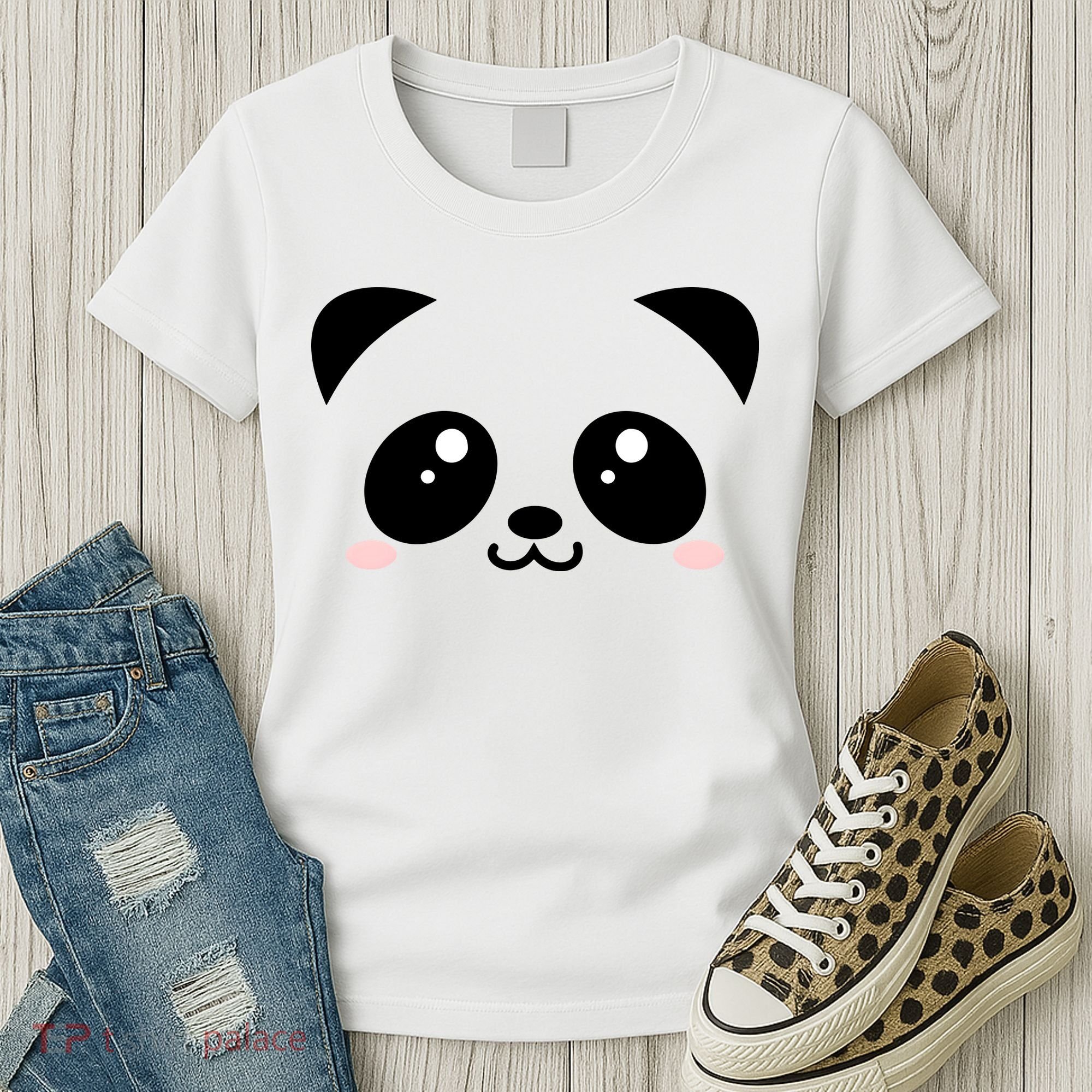 Cute Panda Bear Black & White Kawaii Cartoon Animal Face Women's T-Shirt