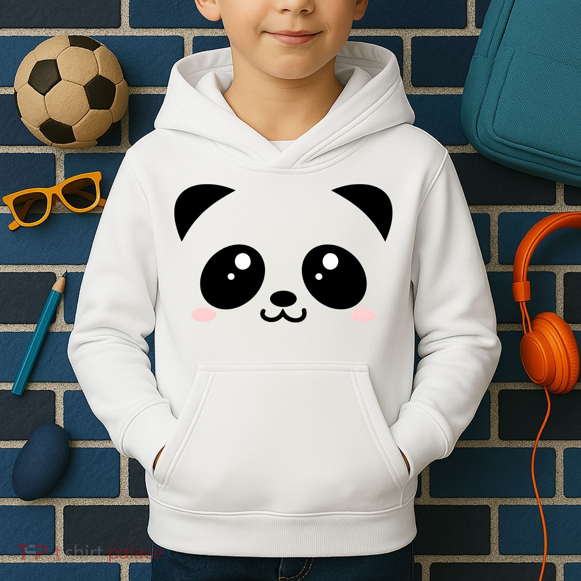 Cute Panda Bear Black & White Kawaii Cartoon Animal Face Kids Hoodie