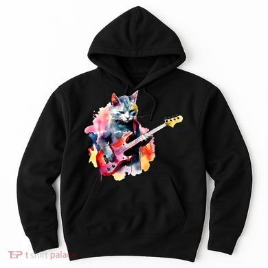 Cat Playing Bass Guitar Watercolor Graphic Design Hoodie