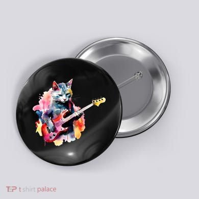 Cat Playing Bass Guitar Watercolor Graphic Design Button
