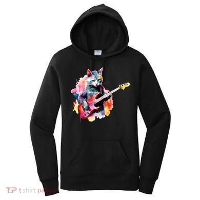 Cat Playing Bass Guitar Watercolor Graphic Design Women's Hoodie