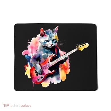 Cat Playing Bass Guitar Watercolor Graphic Design Mousepad