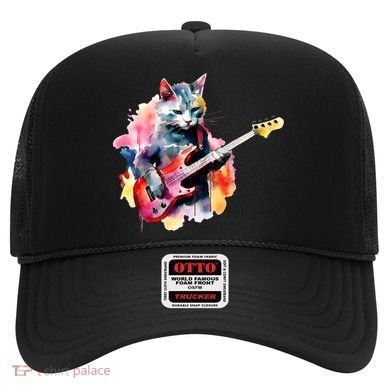 Cat Playing Bass Guitar Watercolor Graphic Design Hat