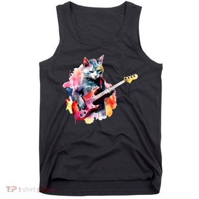 Cat Playing Bass Guitar Watercolor Graphic Design Tank Top