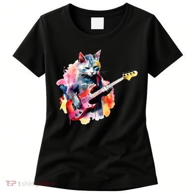 Cat Playing Bass Guitar Watercolor Graphic Design Women's T-Shirt