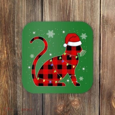 Christmas Plaid Cat Holiday Cute Coaster