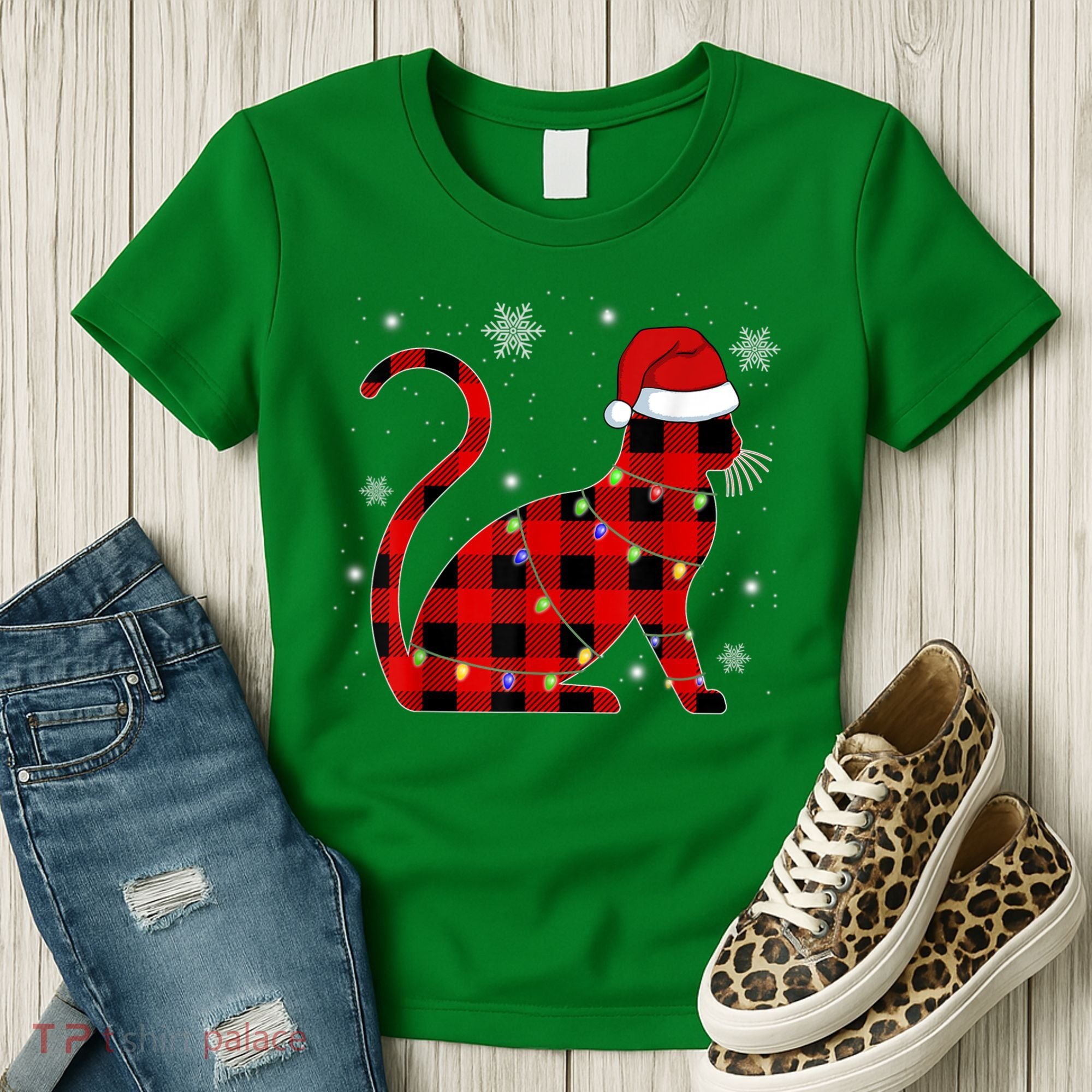 Christmas Plaid Cat Holiday Cute Women's T-Shirt