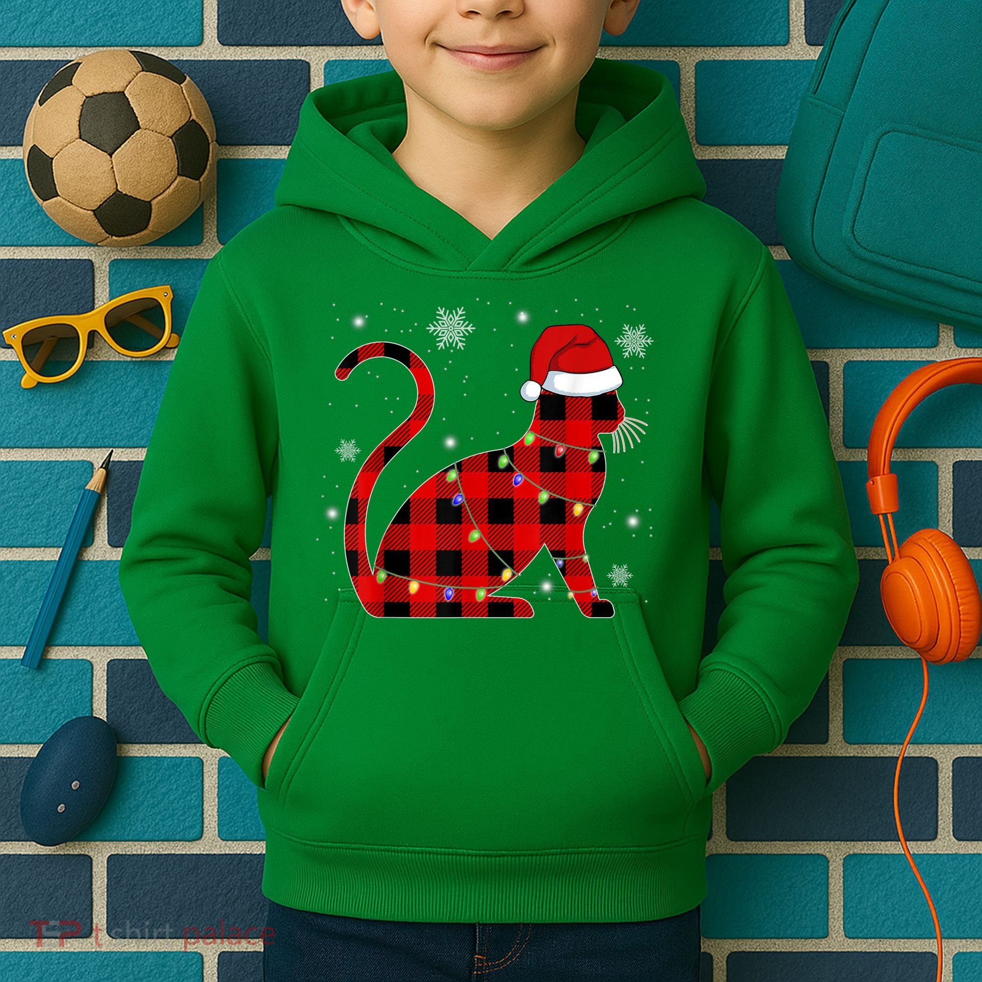 Christmas Plaid Cat Holiday Cute Kids Hoodie