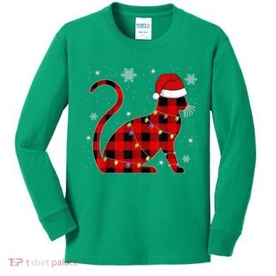 Christmas Plaid Cat Holiday Cute Kids Long Sleeve Shirt