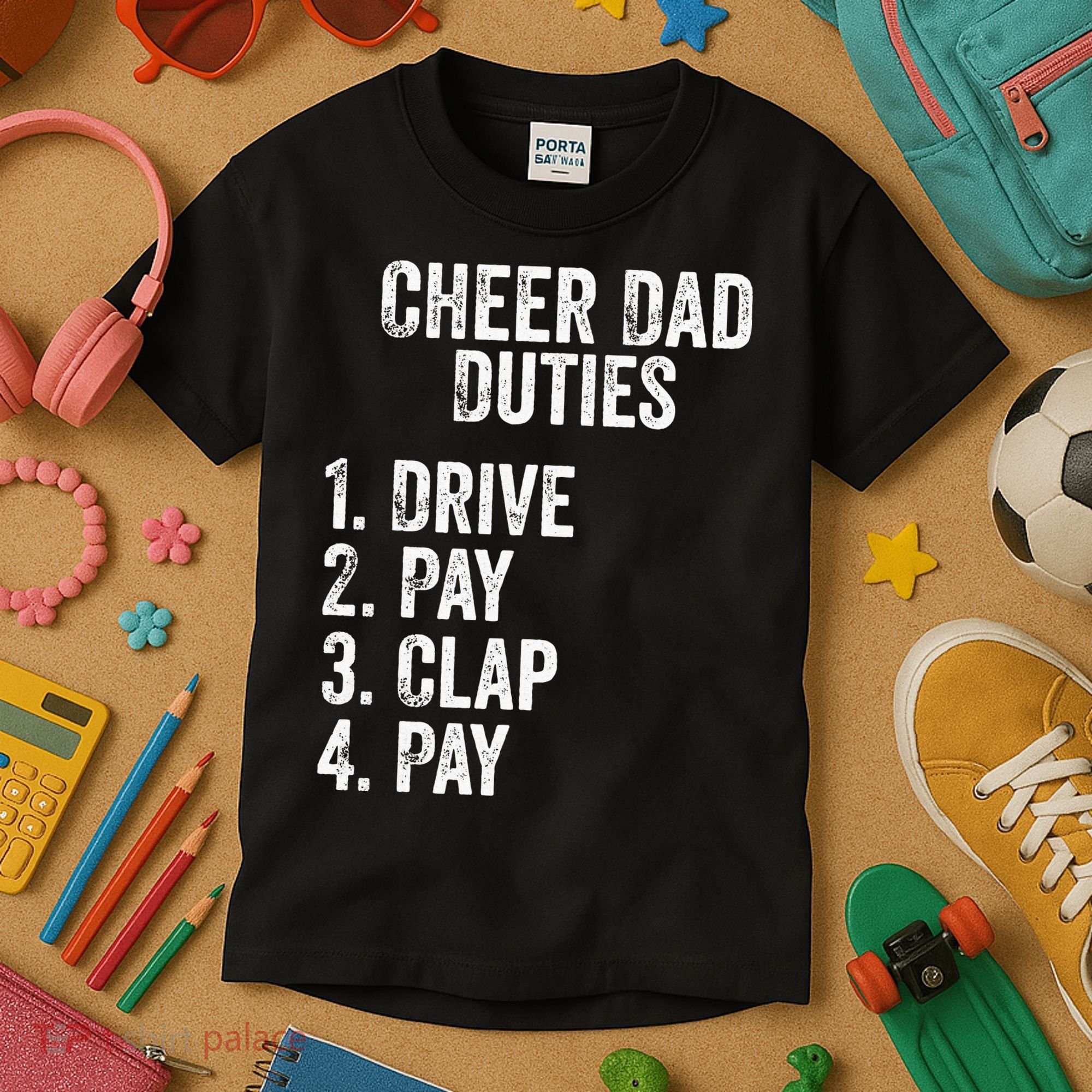 Cheerleading Papa Cheer Dad Duties Drive Pay Clap Kids T-Shirt