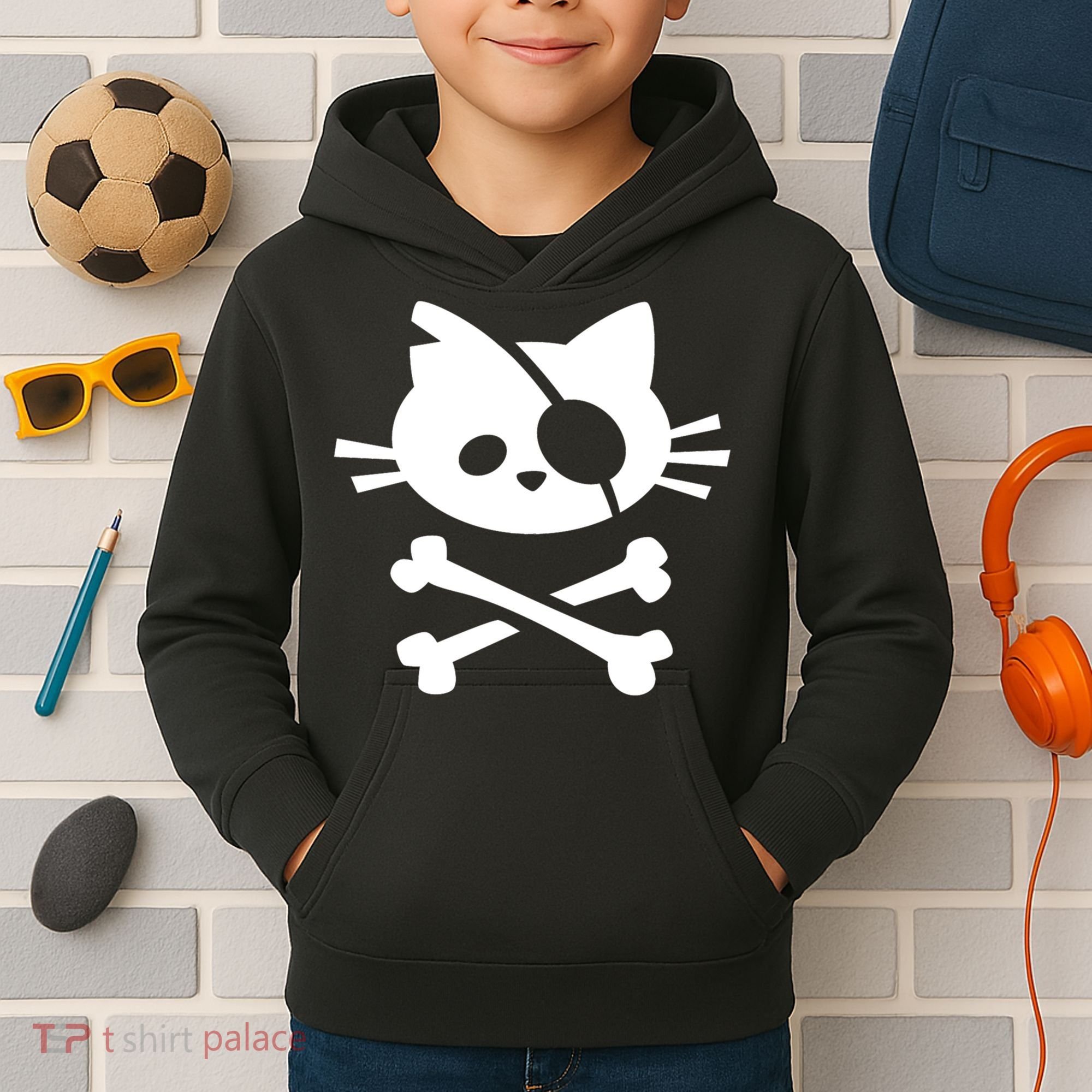 Cute Pirate Cat Skull And Crossbone Kids Hoodie