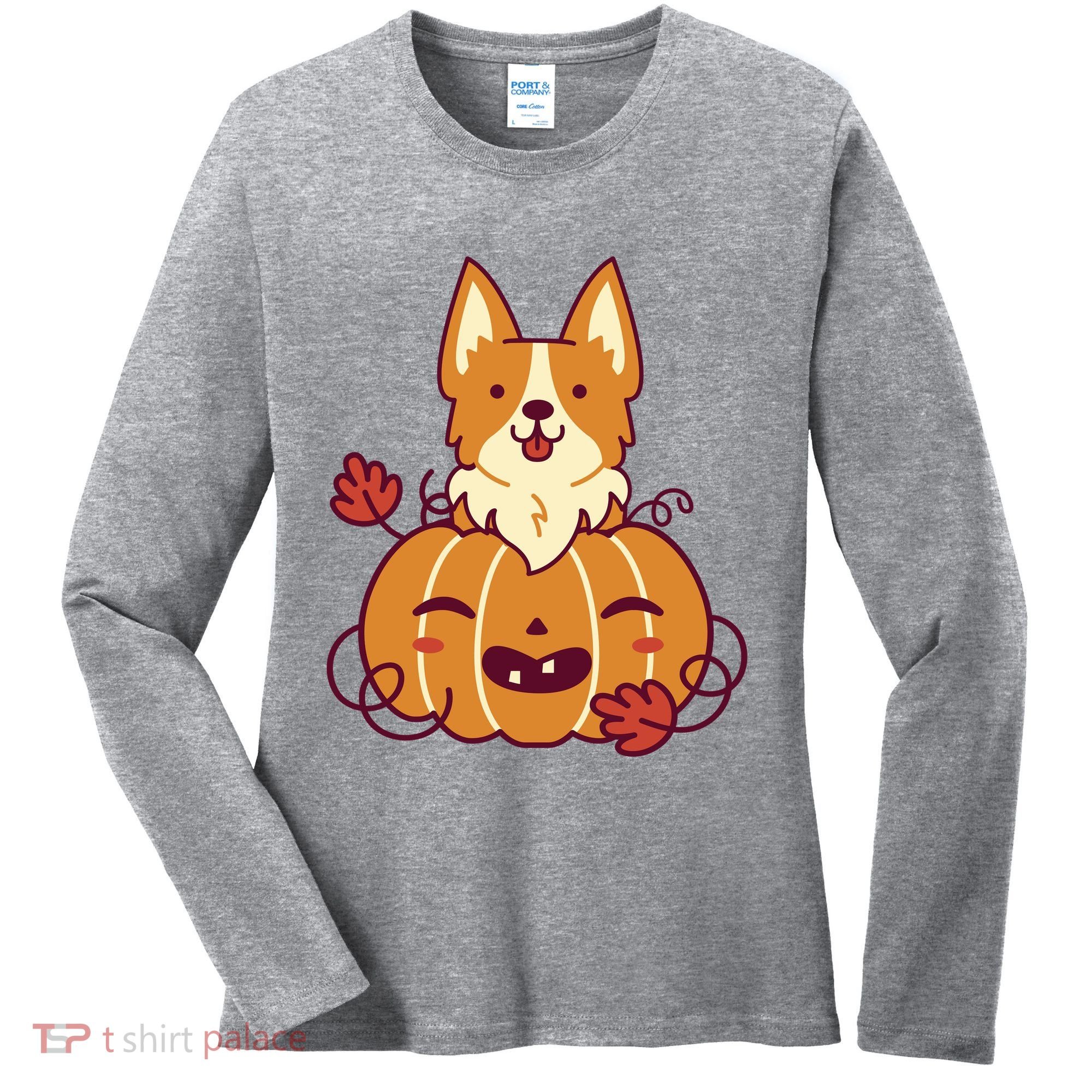 Cute Pumpkin Corgi Dog Halloween Women's Long Sleeve Shirt