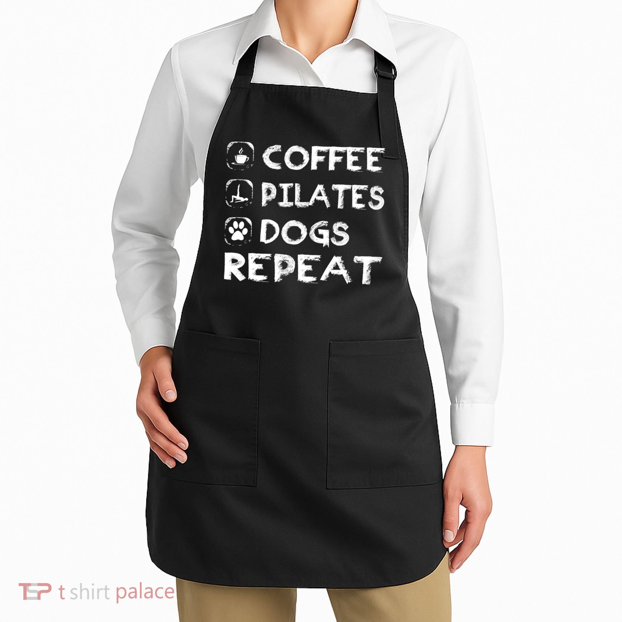 Coffee Pilates Dogs Repeat Funny Pilates Gift Apron