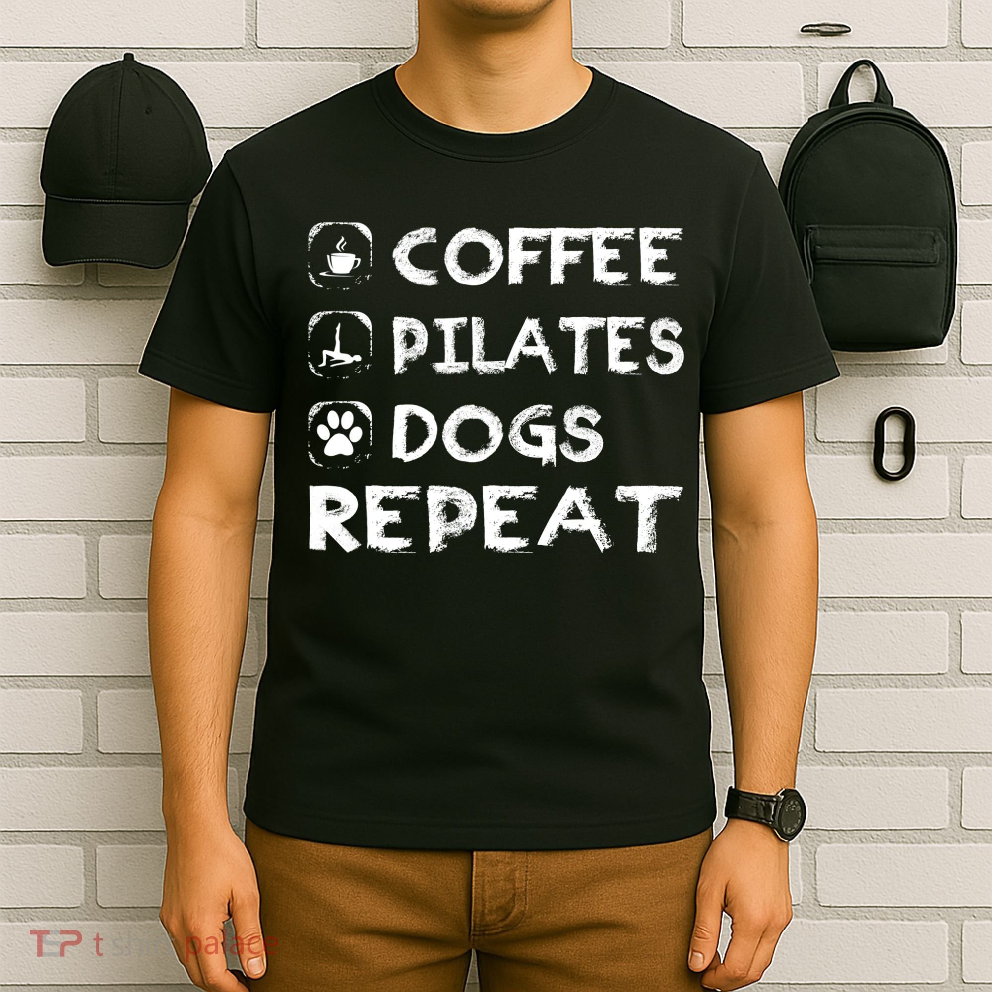 Coffee Pilates Dogs Repeat Funny Pilates Gift T-Shirt