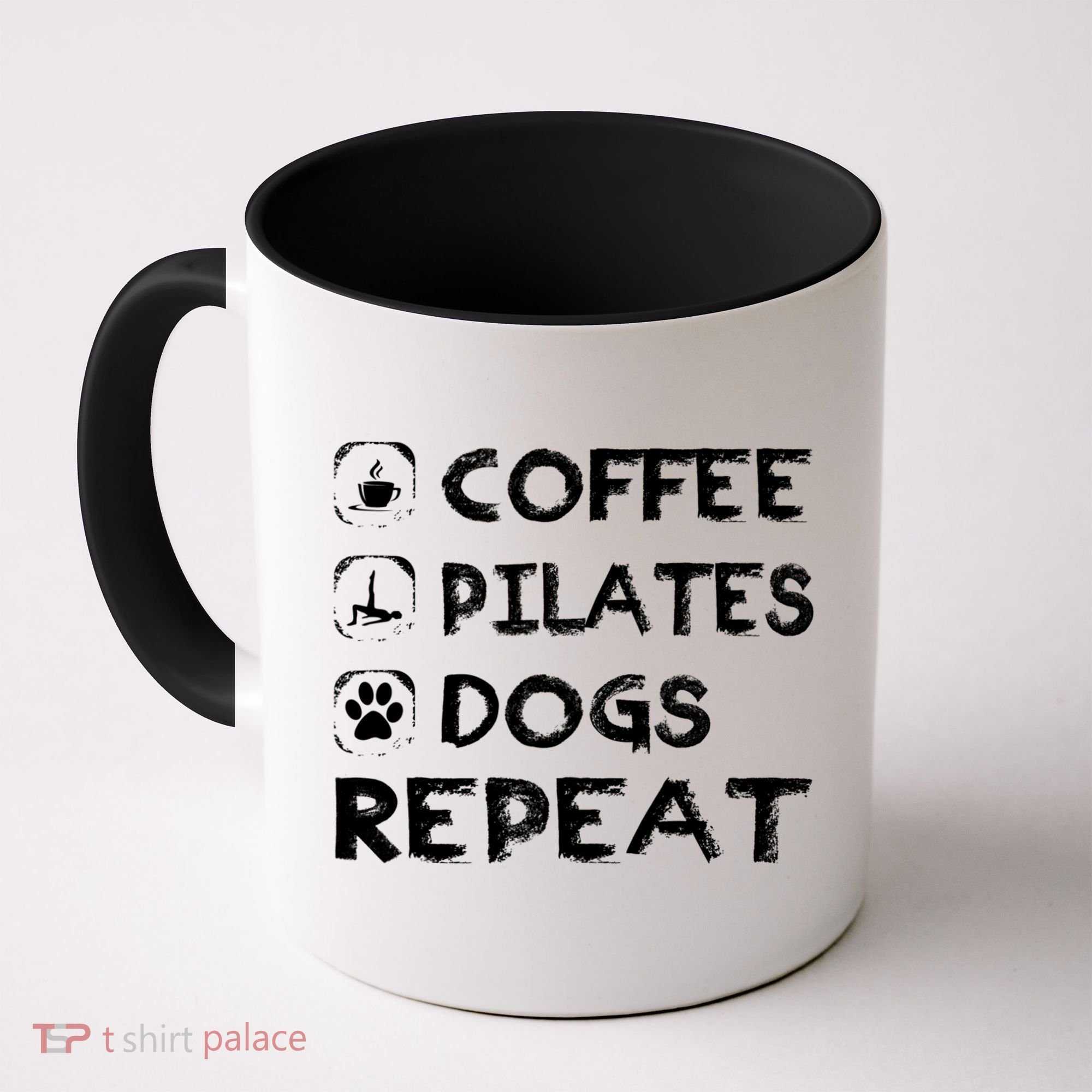 Coffee Pilates Dogs Repeat Funny Pilates Gift Coffee Mug