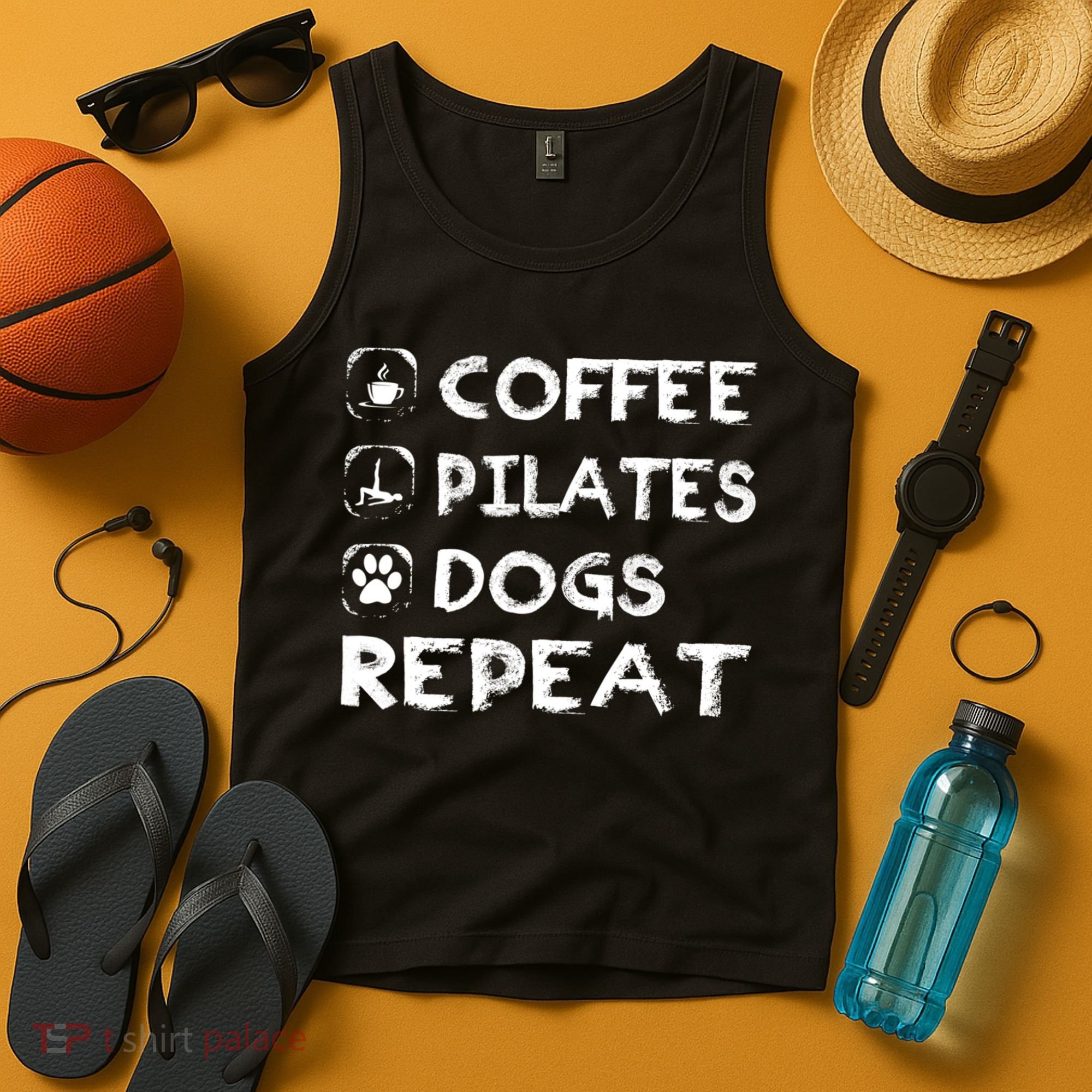 Coffee Pilates Dogs Repeat Funny Pilates Gift Tank Top