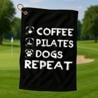 Coffee Pilates Dogs Repeat Funny Pilates Gift Golf Towel thumb 1