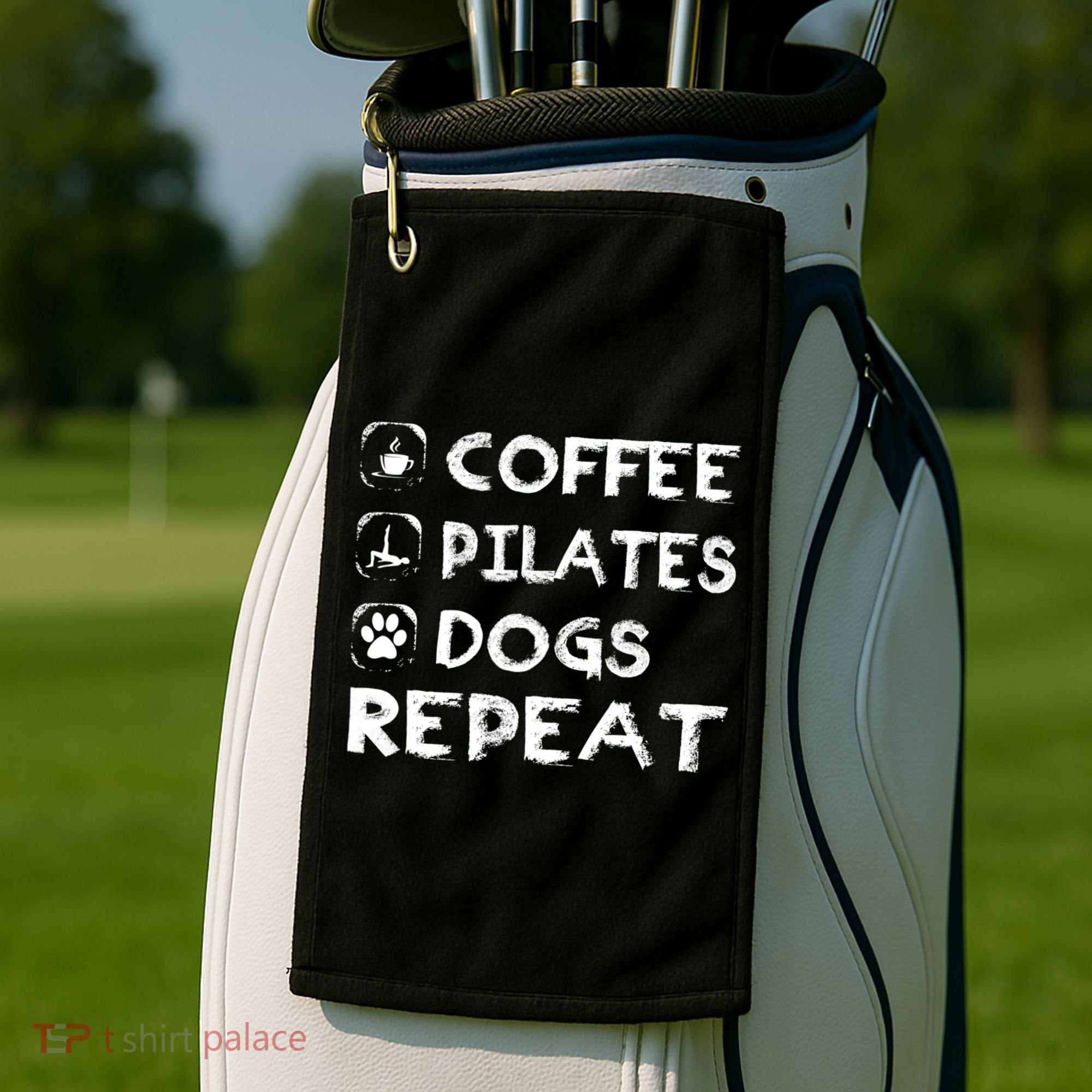 Coffee Pilates Dogs Repeat Funny Pilates Gift Golf Towel