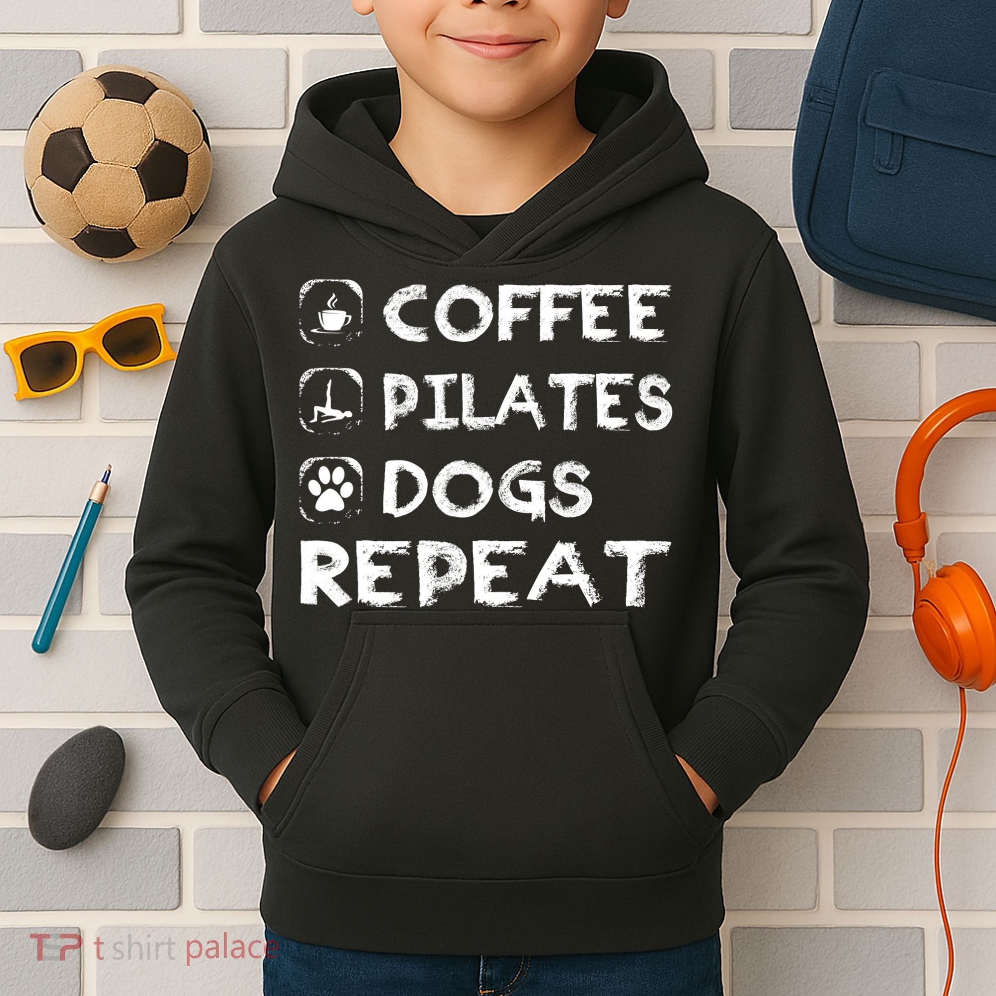 Coffee Pilates Dogs Repeat Funny Pilates Gift Kids Hoodie