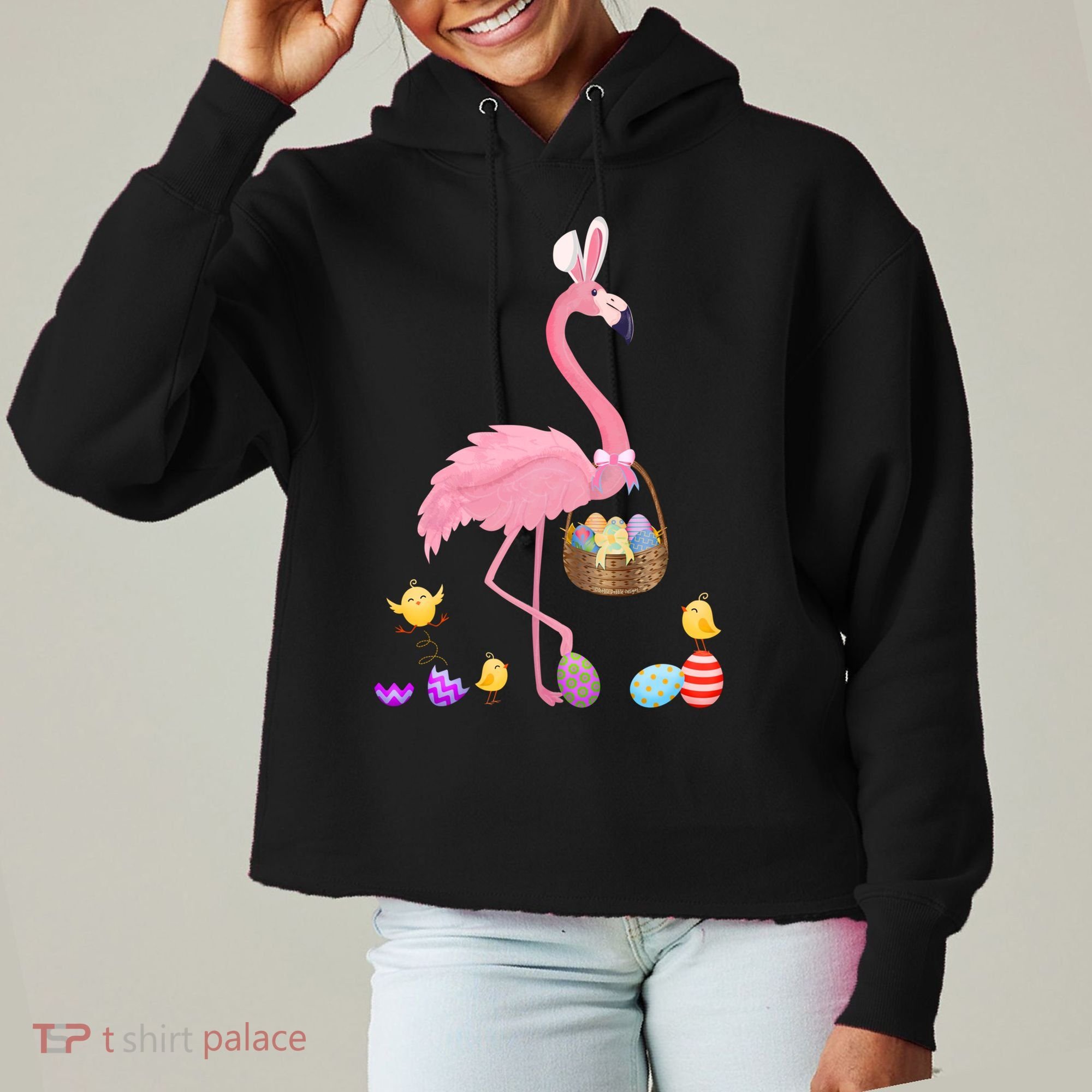 Cool Pretty Easter Gift Flamingo With Easter Basket Gift Ladies Heavyweight Boxy Pullover Hoodie